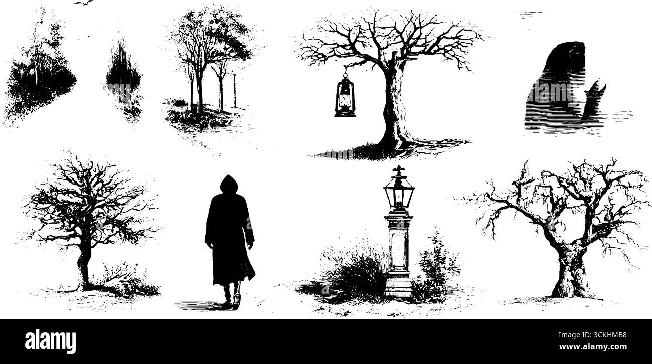 Inquietante collezione autunno notte: Incisioni disegnate a mano di nebbia, alberi e sagome per l'arte di halloween. Illustrazione Vettoriale