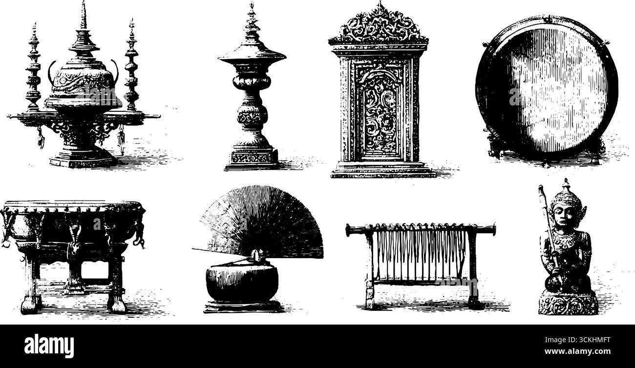 Elementi del teatro ombra indonesiano in un design d'incisione vintage per progetti artistici culturali. Illustrazione Vettoriale