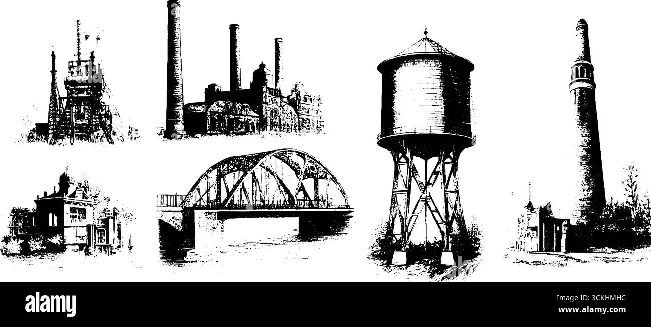Rivoluzione industriale collezione di elementi di design per stampa e poster. Illustrazione Vettoriale