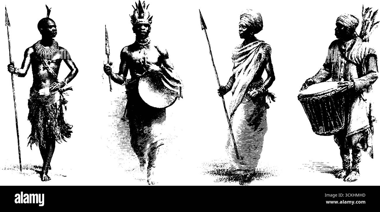 Le tribù africane incidono la collezione con abbigliamento e strumenti tradizionali - design del patrimonio culturale per manifesti. Illustrazione Vettoriale