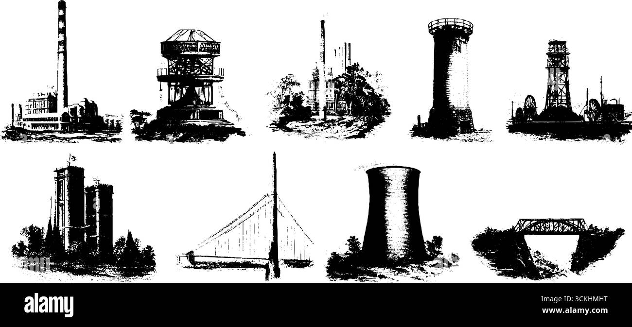 Rivoluzione industriale incidendo elementi di design per progetti storici e decorazioni. Illustrazione Vettoriale