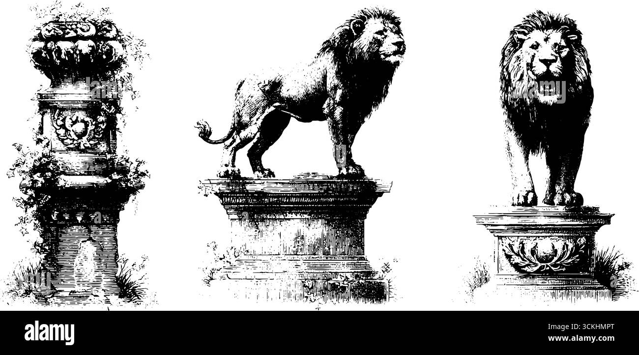 Elementi di design vintage della statua del leone inciso per progetti artistici. Illustrazione Vettoriale