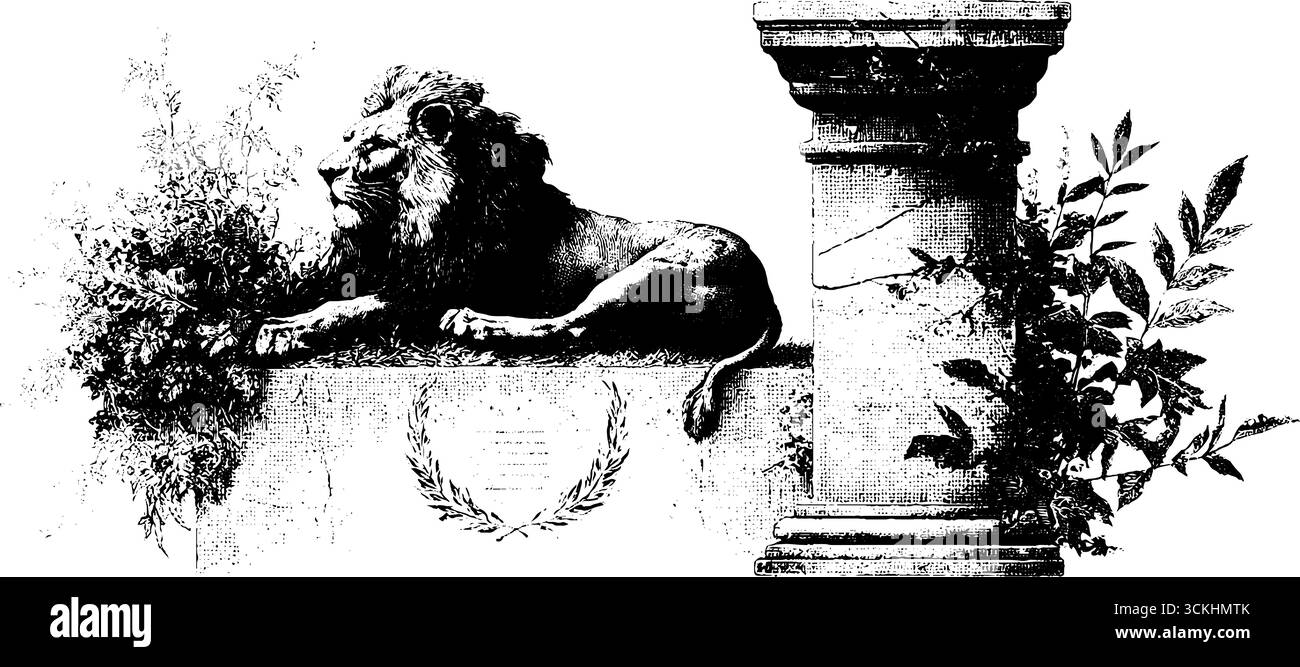 Statua di leone d'epoca con incisione con elementi architettonici per design e decorazione. Illustrazione Vettoriale