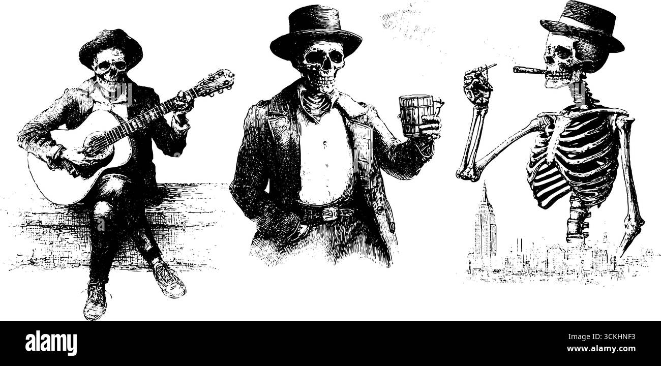 Collezione di scheletri Urban halloween: Non morti d'epoca incisi con chitarra, drink e sigaro nel paesaggio urbano. Illustrazione Vettoriale