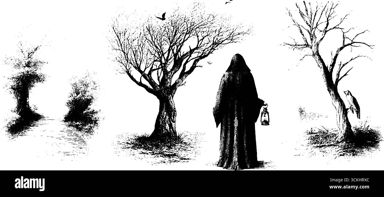 Inquietante scena della notte d'autunno con figure misteriose e alberi nebbiosi per il design di halloween. Illustrazione Vettoriale