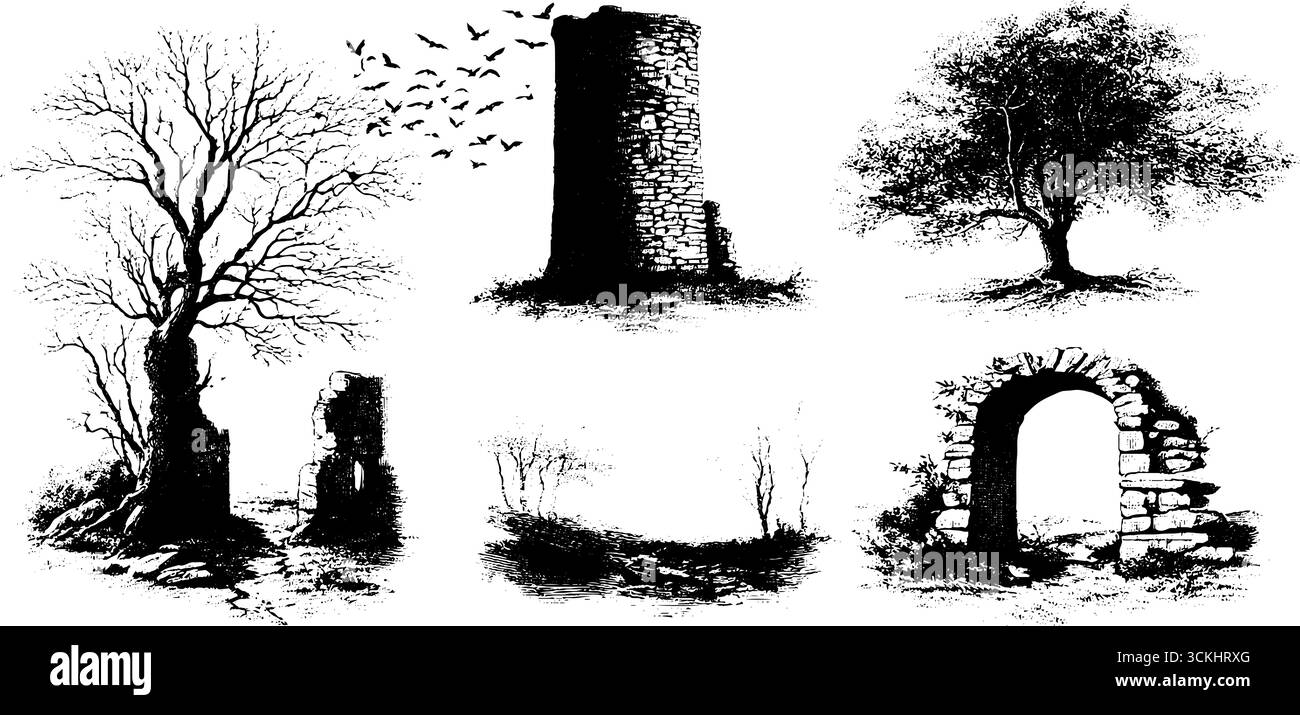 Incisione della spaventosa collezione di rovine autunnali con strutture in pietra per il design di halloween. Illustrazione Vettoriale