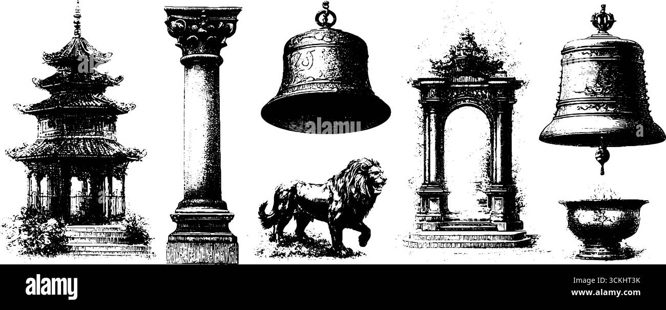 Incisione vintage di elementi della fiera del tempio con pagode, cancelli e campane per un design artistico. Illustrazione Vettoriale