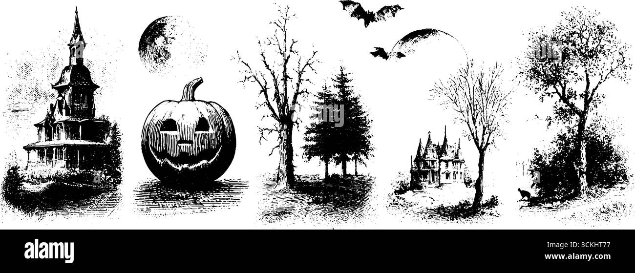 Spaventosa collezione serale di halloween con zucche intagliate e paesaggi inquietanti. Illustrazione Vettoriale