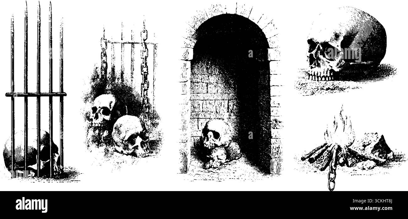 Collezione di cantine gotiche con teschi e cancelli di ferro - un design d'incisione vintage. Illustrazione Vettoriale