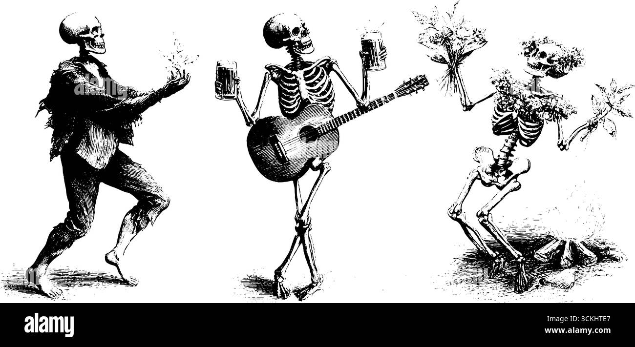 Scheletri da celebrazione con strumenti musicali e fiori - elementi di design incisi per l'arte delle feste. Illustrazione Vettoriale