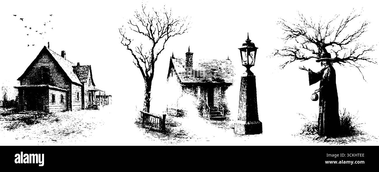 Collezione di incisioni sulla scena di un villaggio infestato dai fantasmi per l'arredamento di halloween. Illustrazione Vettoriale