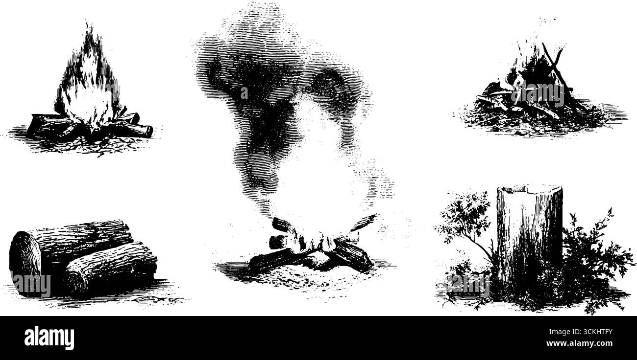 Effetti fuoco incisione elementi di design collezione per progetti creativi. Illustrazione Vettoriale