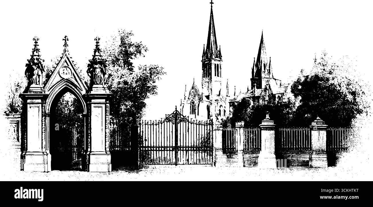 Dettagli architettonici della cattedrale gotica con cancello decorato e inciso per stampe storiche. Illustrazione Vettoriale