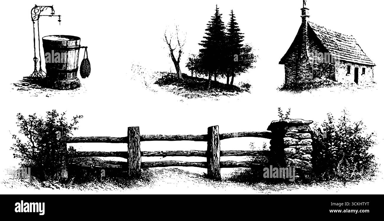 Collezione d'incisioni vintage disegnata a mano con pozzo rustico, alberi, casa e recinzione per un arredamento retrò. Illustrazione Vettoriale