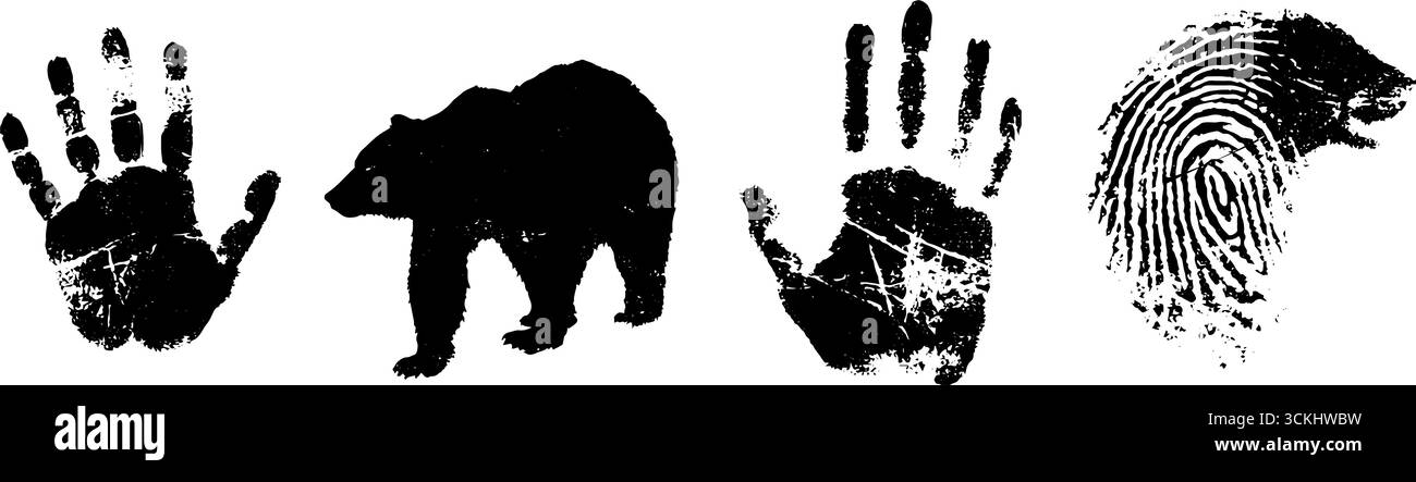 Collezione di stencil in bianco e nero per l'arte delle grotte: Stampe delle mani, silhouette degli orsi, motivi tribali per il design. Illustrazione Vettoriale