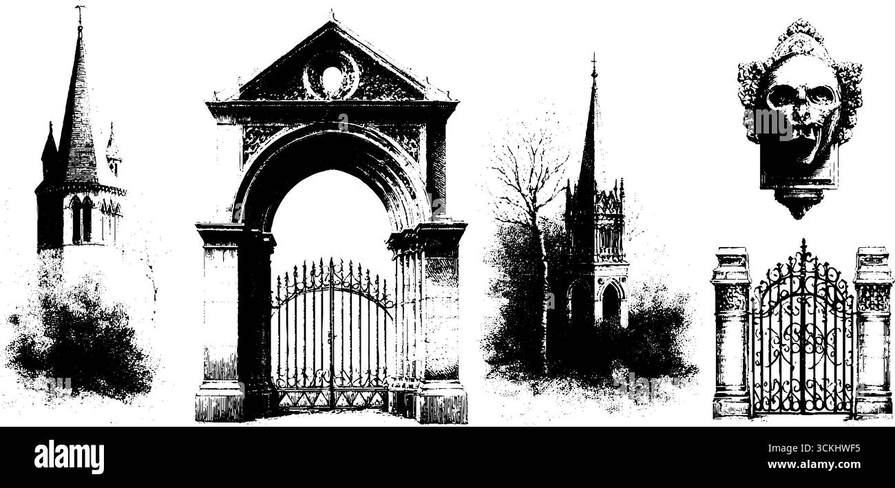Collezione di incisioni di architettura gotica con archi, guglie e dettagli scultorei. Illustrazione Vettoriale