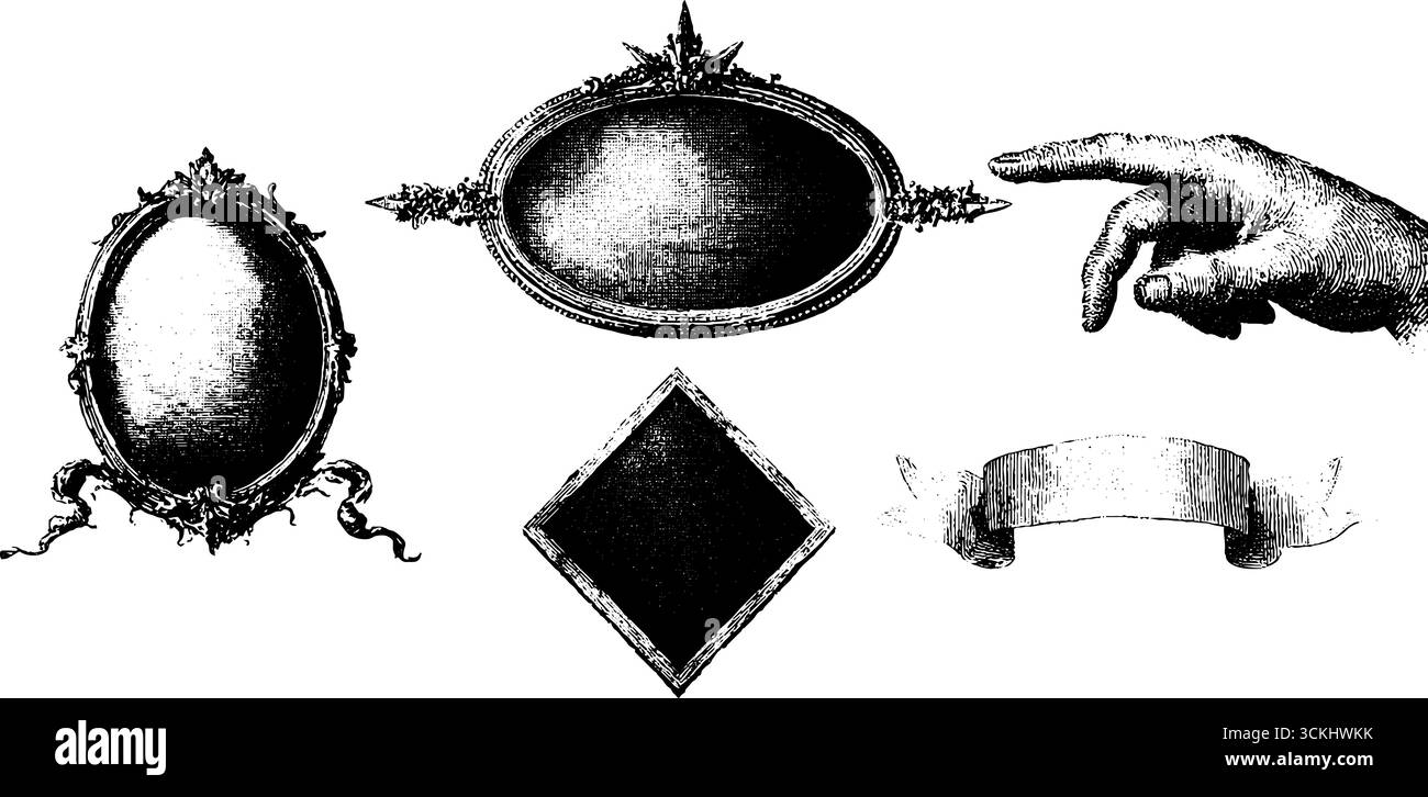 Collezione di insegne vintage ed elementi decorativi per progetti di design. Illustrazione Vettoriale