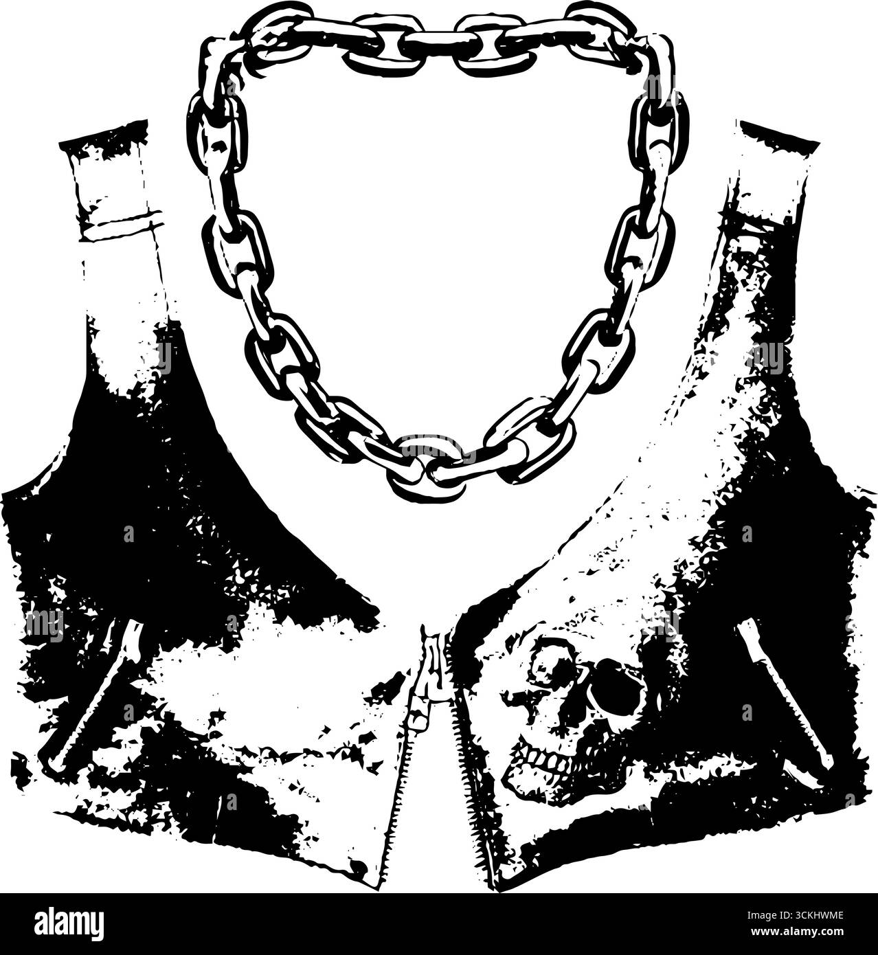 Gilet biker grungy con teschio e catena in bianco e nero per la moda urbana. Illustrazione Vettoriale