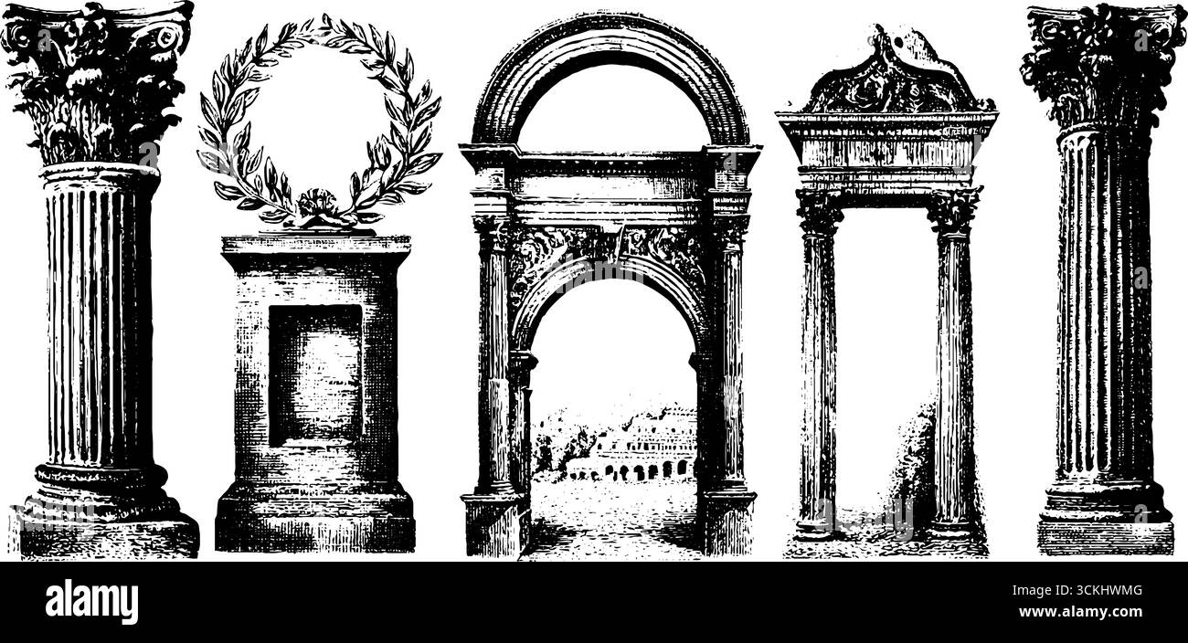 Design della collezione di elementi architettonici romani per illustrazioni storiche. Illustrazione Vettoriale