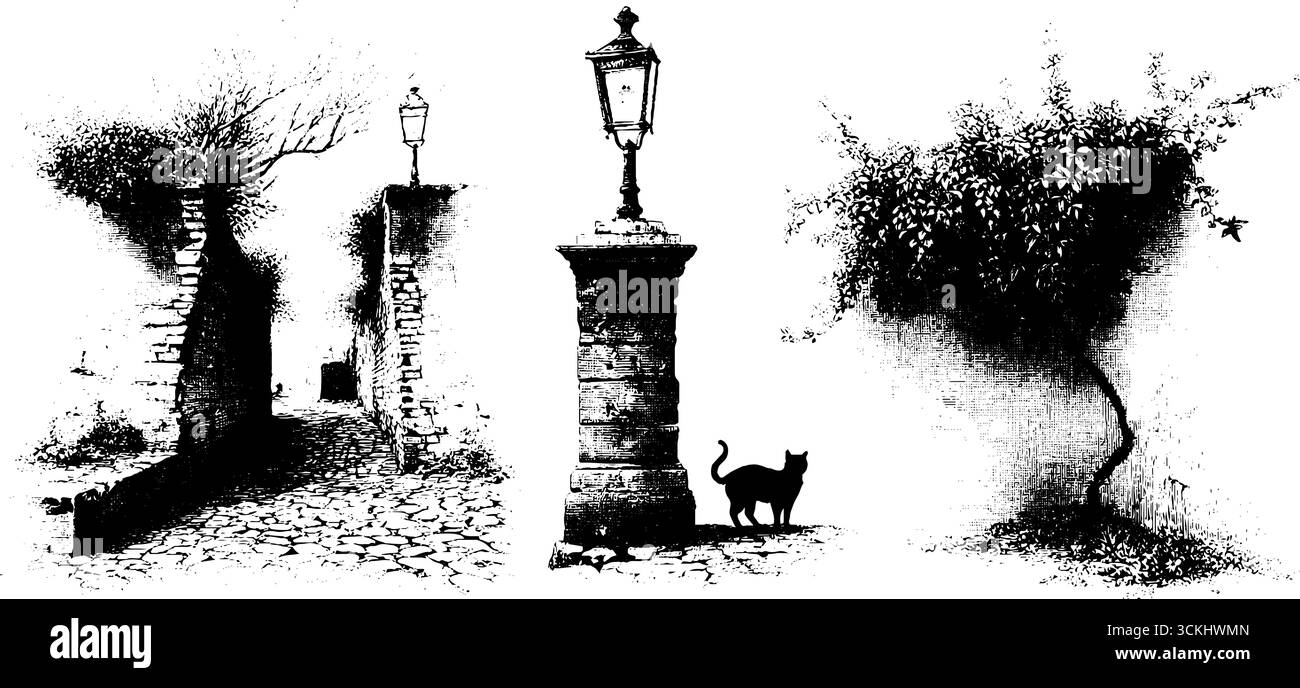 Inquietante vicolo con vialetto acciottolato e silhouette a lampione per design e arredamento. Illustrazione Vettoriale