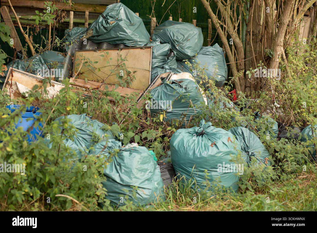 Bombole e sacchetti di gas rossi all'ombra, avanzi industriali all'aperto con intrusioni naturali. Foto Stock