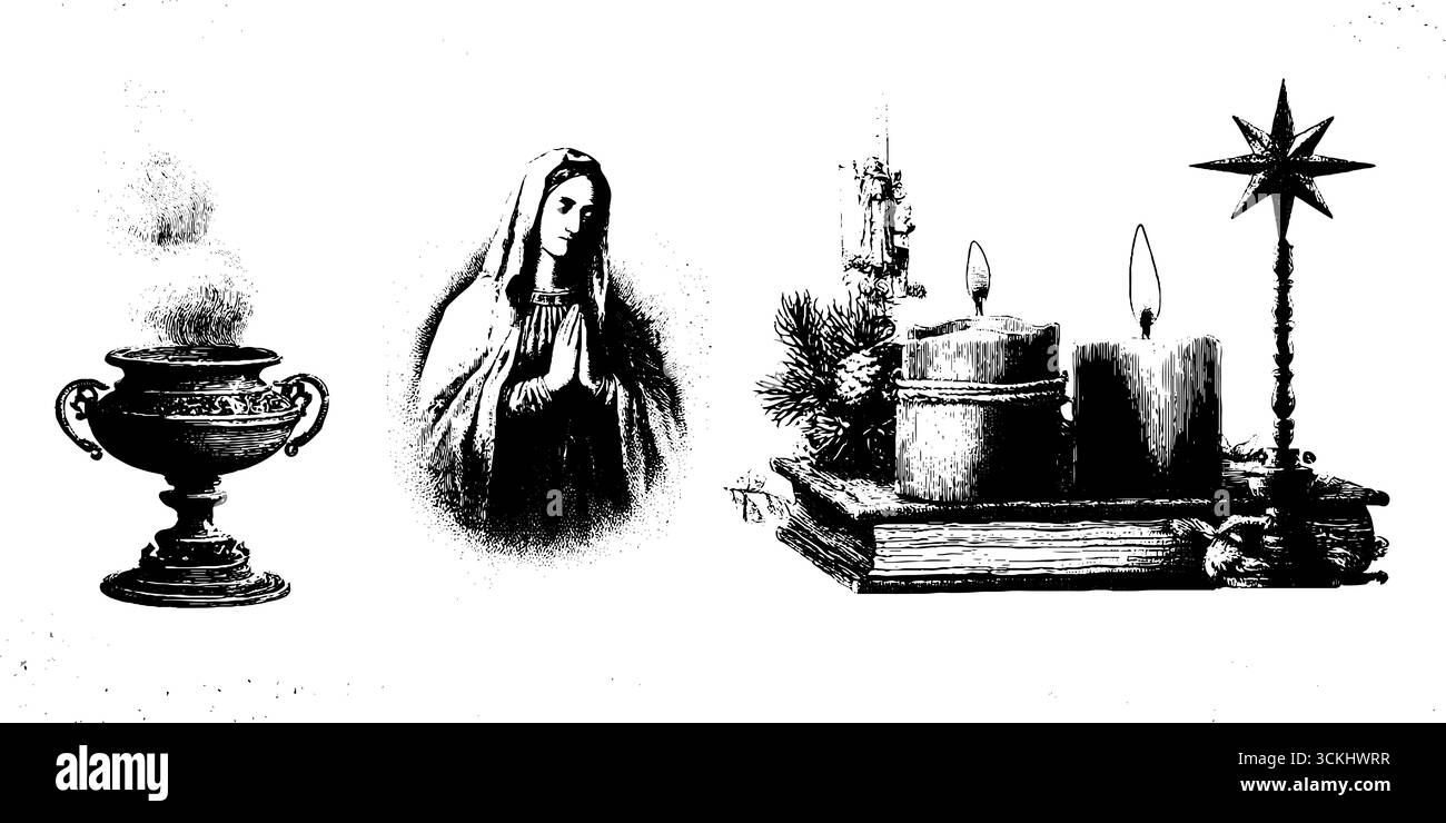 Collezione della vigilia di natale ortodossa con candele e icone religiose per il design delle feste. Illustrazione Vettoriale
