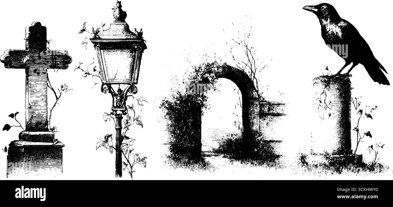 Collezione di decorazioni gotiche del cimitero con elementi incisi e atmosfera misteriosa per il design di halloween. Illustrazione Vettoriale