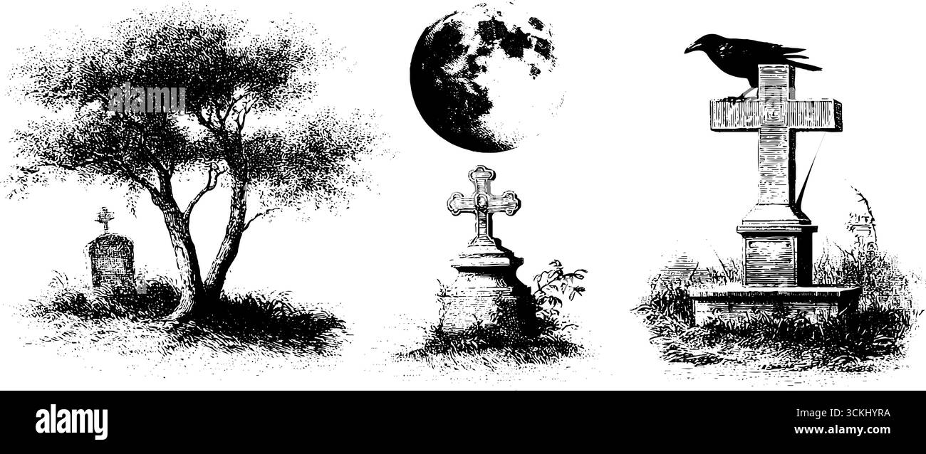 Collezione di simboli notturni infestati dai fantasmi: Incisioni vintage di pietre tombali, lunari e corvo per i disegni di halloween. Illustrazione Vettoriale
