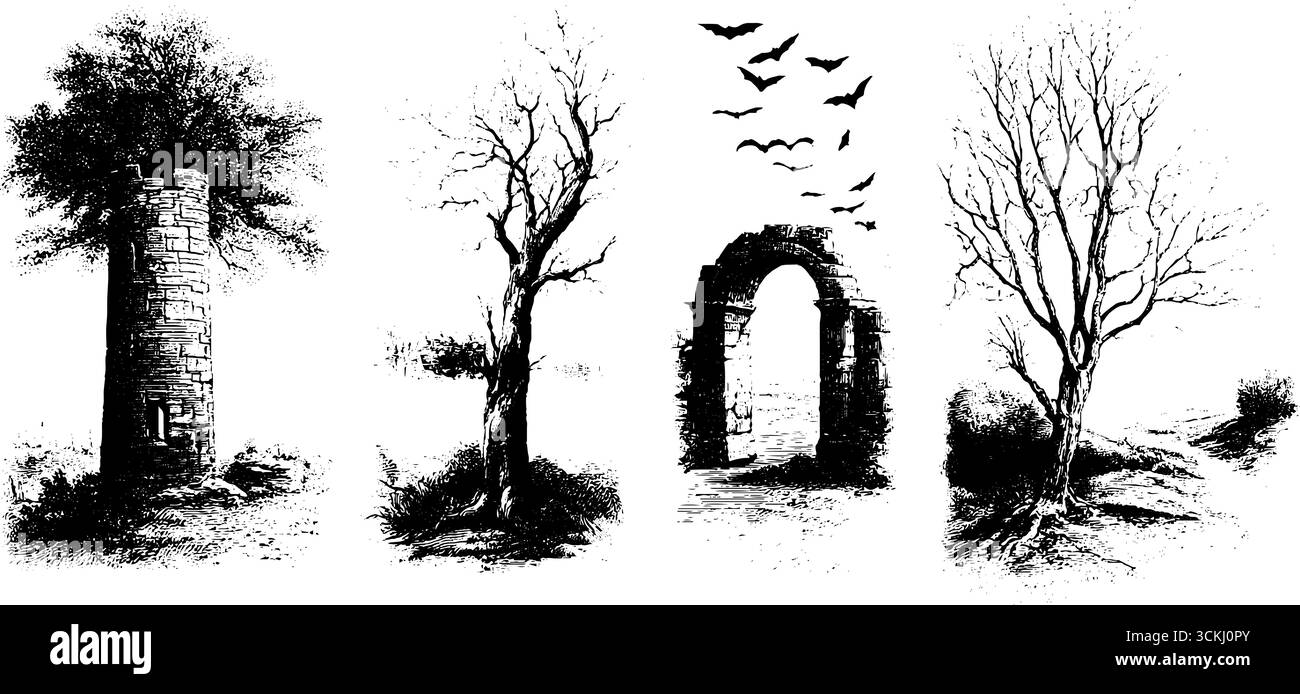 Incisione di spaventose rovine autunnali con strutture in pietra e alberi per il design di halloween. Illustrazione Vettoriale