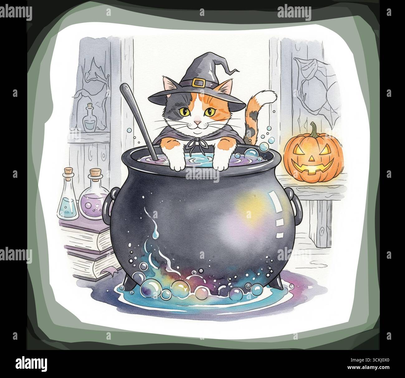 Un gatto calico si comporta come una strega che cucina una pozione in un calderone per festeggiare Halloween Foto Stock