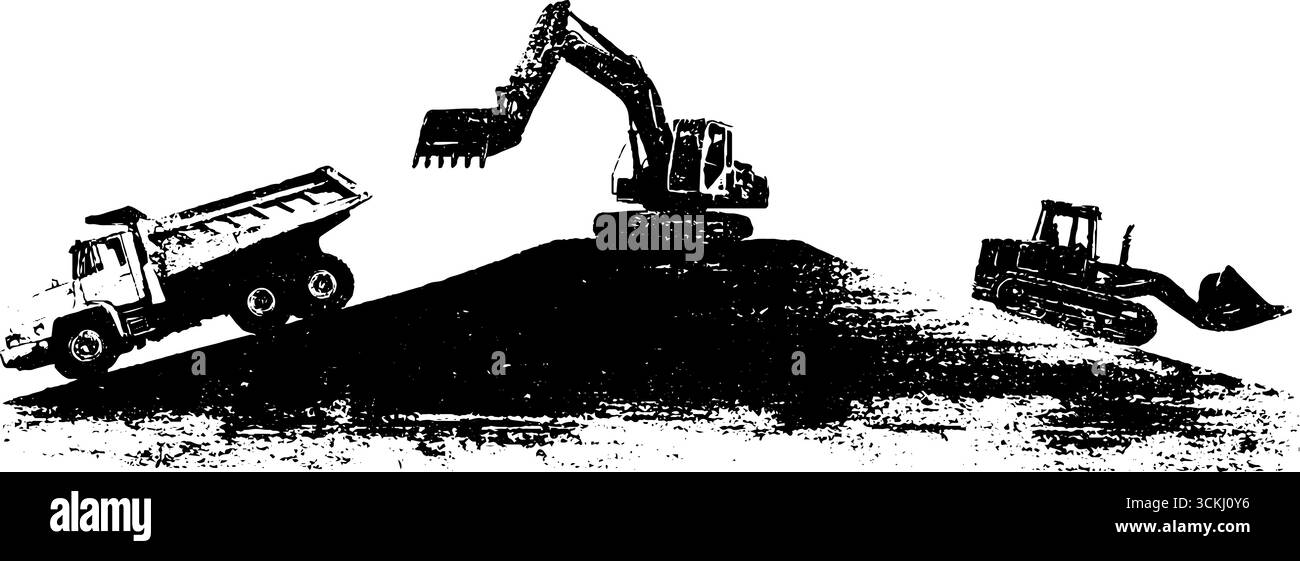 Set di stencil monocromatici per veicoli da costruzione per il design urbano. Illustrazione Vettoriale