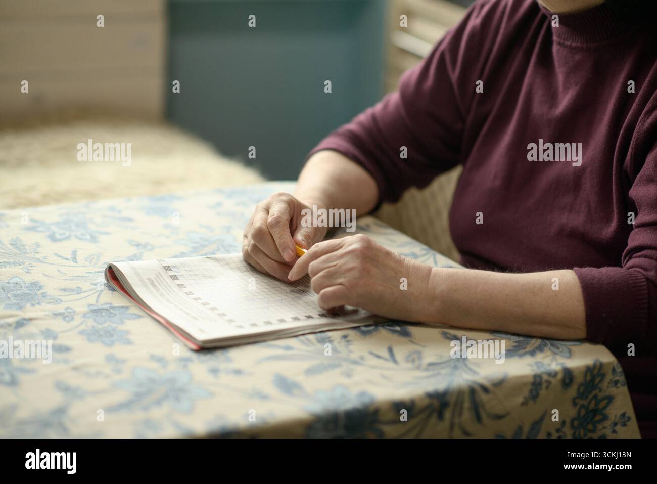 Una donna anziana si siede a casa, tenendo una matita sopra un puzzle di parole incrociate. Impegnata in un tranquillo momento di riflessione, mantiene l'attività mentale e cogna Foto Stock
