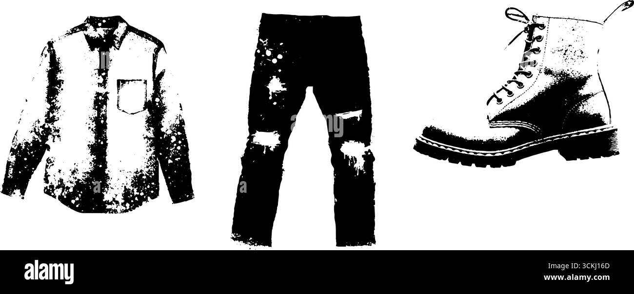 Set di stencil grunge con elementi alla moda: Camicia, jeans in stile angosciato e stivaletto Combat per un design urbano. Illustrazione Vettoriale