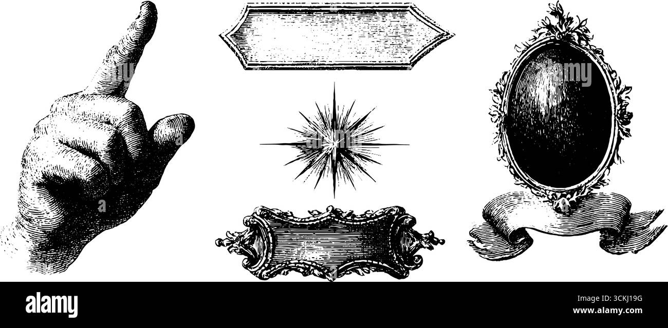 Collezione di insegne vintage e di elementi decorativi per design e stampa. Illustrazione Vettoriale