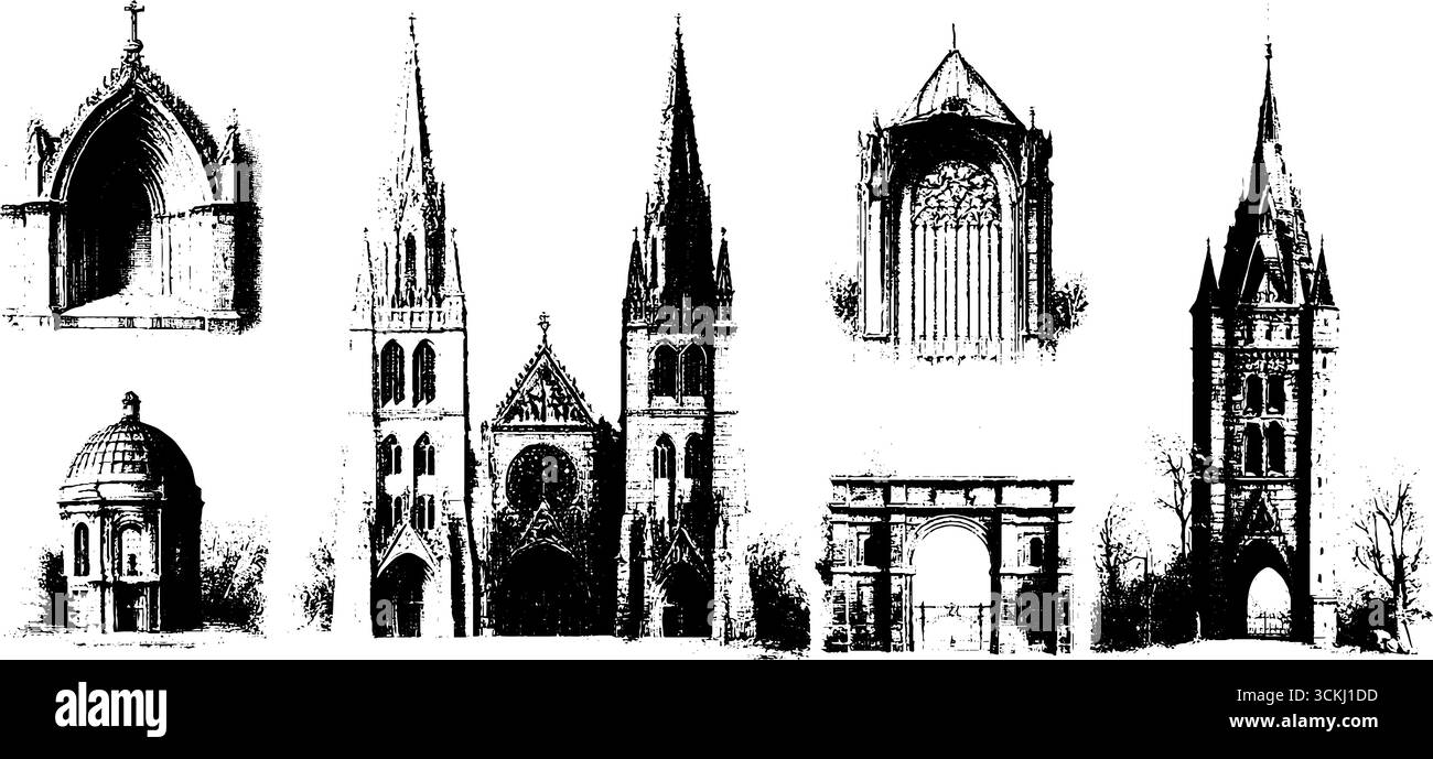 Dettagli architettonici della cattedrale gotica che incidono elementi di design per progetti d'arte vintage. Illustrazione Vettoriale