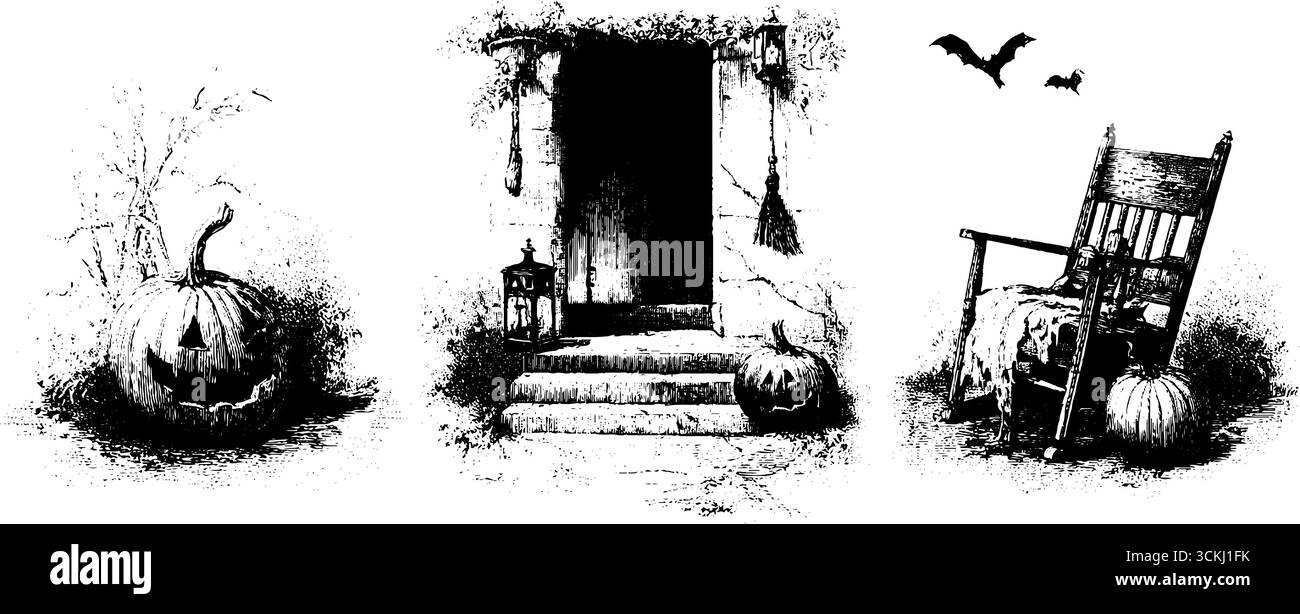 Portico vintage di halloween con zucche e sedia a dondolo per un arredamento autunnale. Illustrazione Vettoriale