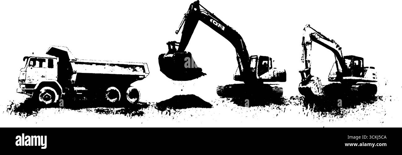 Stencil per veicoli edili in bianco e nero per un design urbano. Illustrazione Vettoriale