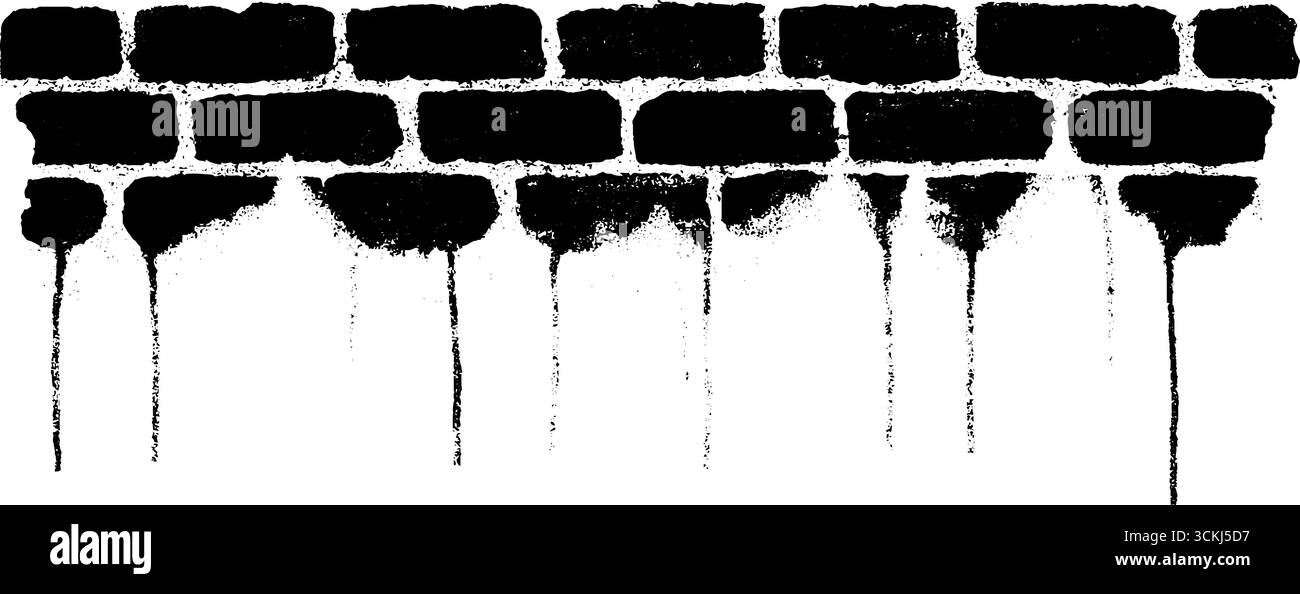 Stencil da parete in mattoni grunge con gocce di vernice spray urbana - design bianco e nero per progetti di Street art. Illustrazione Vettoriale