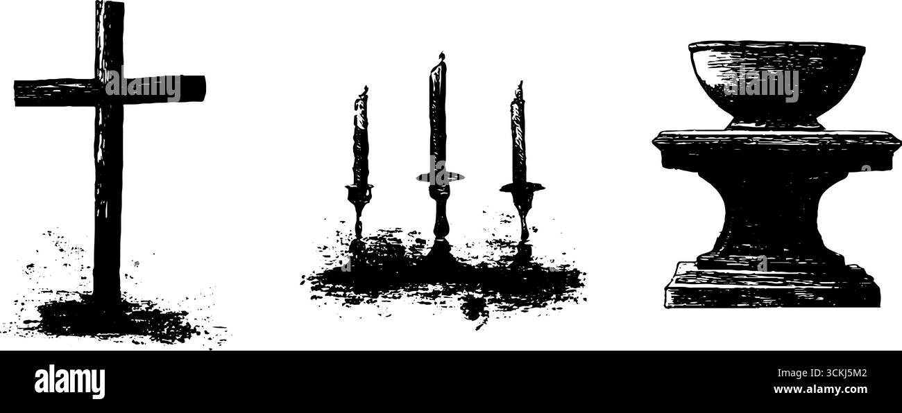 Set di stencil grunge bianco e nero a croce religiosa, candele e calice. Illustrazione Vettoriale