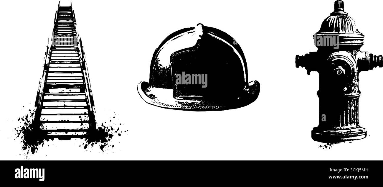 Set di stencil bianco e nero con scala per pompieri, casco e idrante per l'arte urbana e il design. Illustrazione Vettoriale