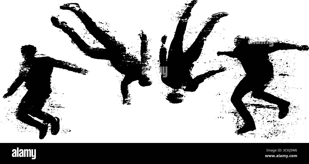 Set dinamico con silhouette a stencil in bianco e nero per l'arte urbana e progetti di design. Illustrazione Vettoriale