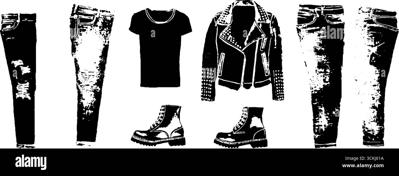 Stencil in bianco e nero raffigurante abiti e stivali in pelle per il fashion design. Illustrazione Vettoriale