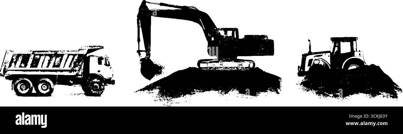Illustrazione a stencil in bianco e nero di veicoli da costruzione progettati per il design urbano. Illustrazione Vettoriale