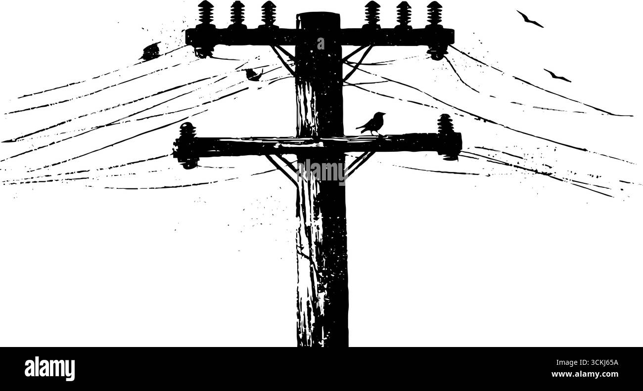 Stencil bianco e nero con asta elettrica con uccelli - design urbano per poster e stampe. Illustrazione Vettoriale