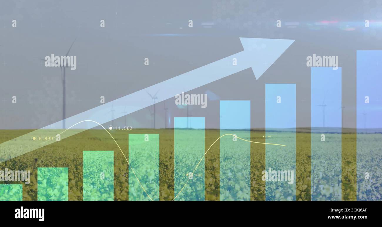 Visualizzazione di un grafico a barre traslucido che si sovrappone a terreni agricoli rurali, con turbine eoliche e fiori gialli Foto Stock