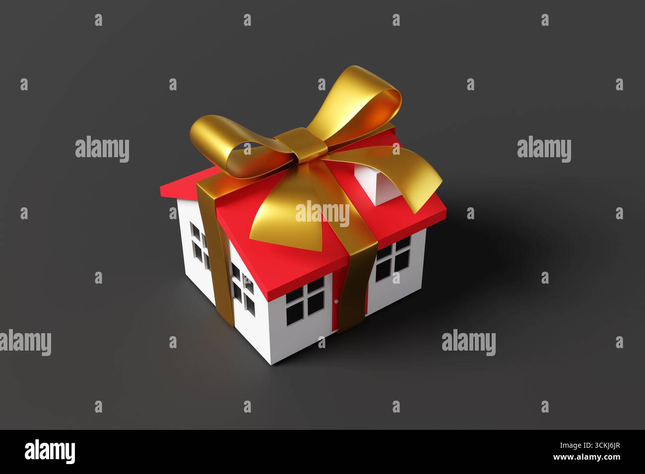 Casa dei giocattoli rossa e bianca avvolta da un nastro dorato su sfondo nero. Illustrazione del concetto di proprietà donate ai figli e dell'imposta sulle successioni Foto Stock