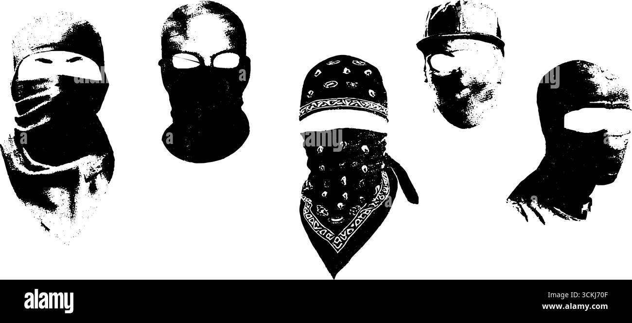 Collezione di stencil URBAN graffiti: Volti mascherati in bianco e nero per il design Street art. Illustrazione Vettoriale