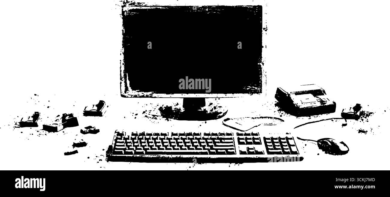 Set di stencil per computer retrò: Strumenti da ufficio vintage per progetti grafici. Illustrazione Vettoriale