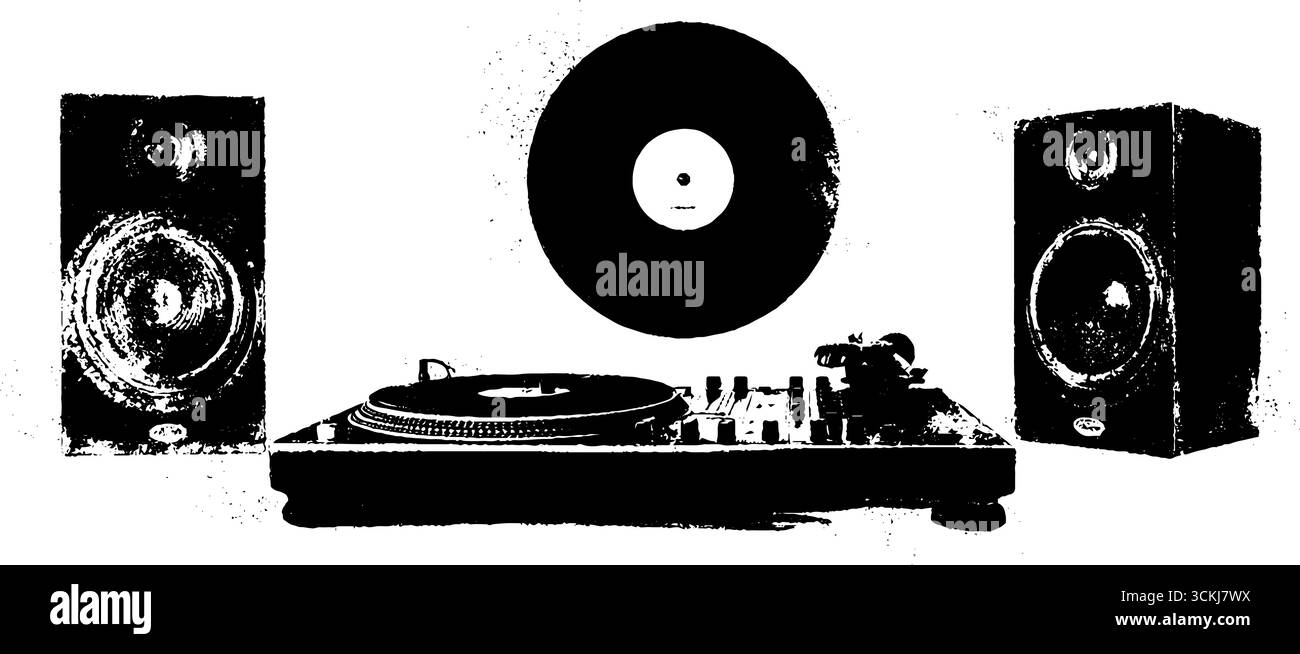 Design di stencil art per apparecchiature musicali retrò per decorazioni vintage o poster. Illustrazione Vettoriale