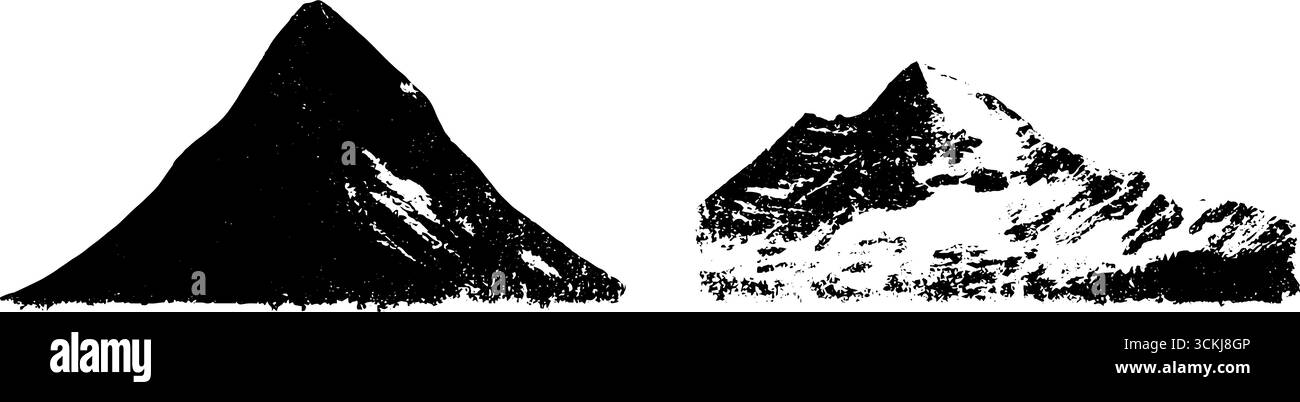 Illustrazioni stencil in bianco e nero di picchi di montagna per progetti di design. Illustrazione Vettoriale
